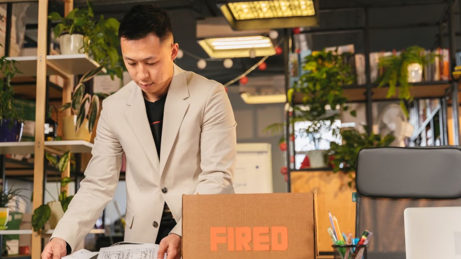 Terminated employee packing up his office things