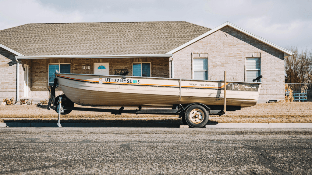 boat parked on a street