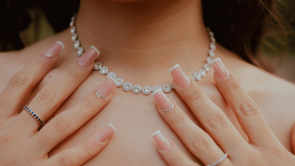 diamond necklace on woman's neck