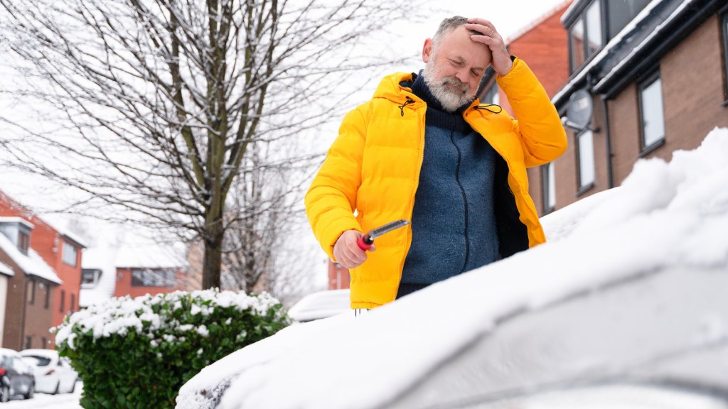 Homeowner Got Fed Up When A Neighbor Took Their Parking Spot, So They Left The Car With A Freezing Overnight Surprise man clearing ice from car frustrated