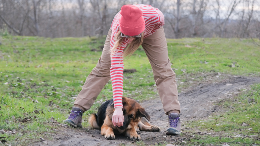 owner and her german shepherd outside on walk