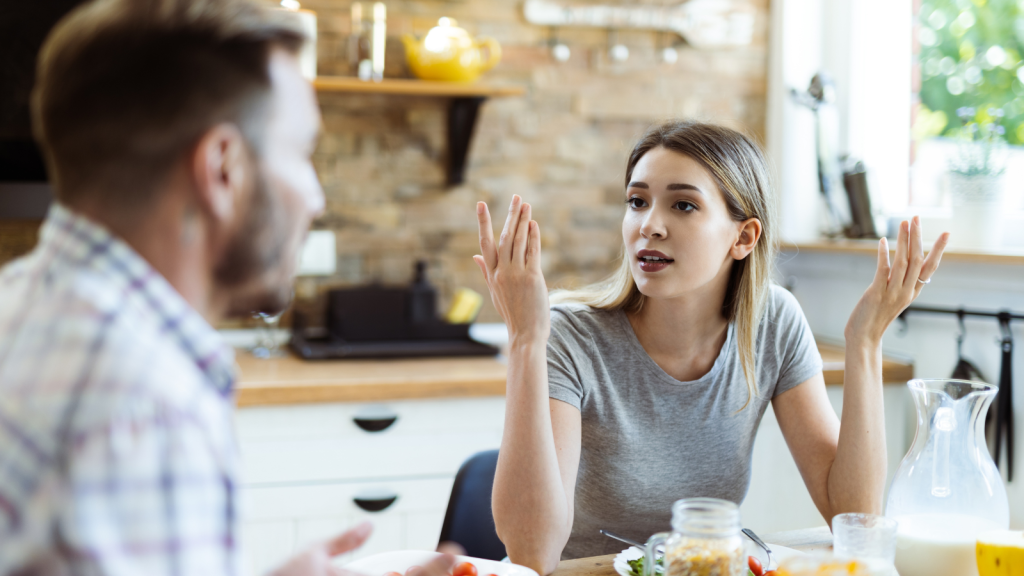 woman having tough conversation with husband