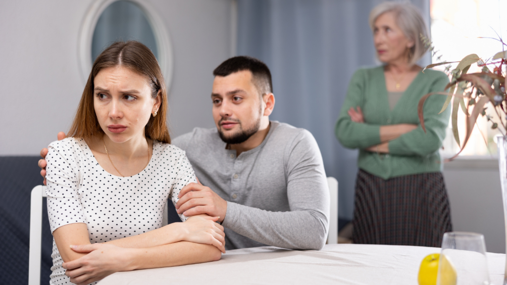 young man with his girlfriend and angry mother