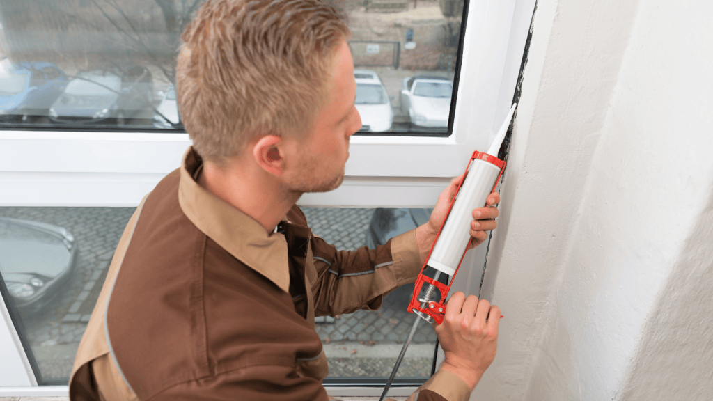 Man applying sealant on window in the house
