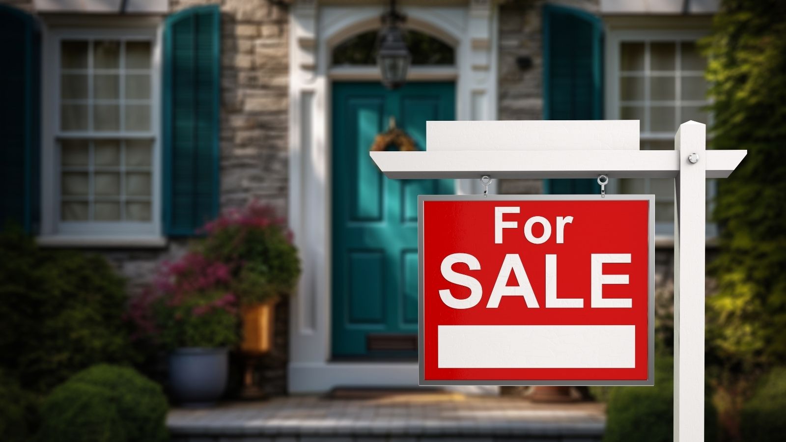 A Man Staged His Yard To Look Bigger For Potential Buyers, But His Neighbor Called Out The Scheme red and white for sale sign in front of a house