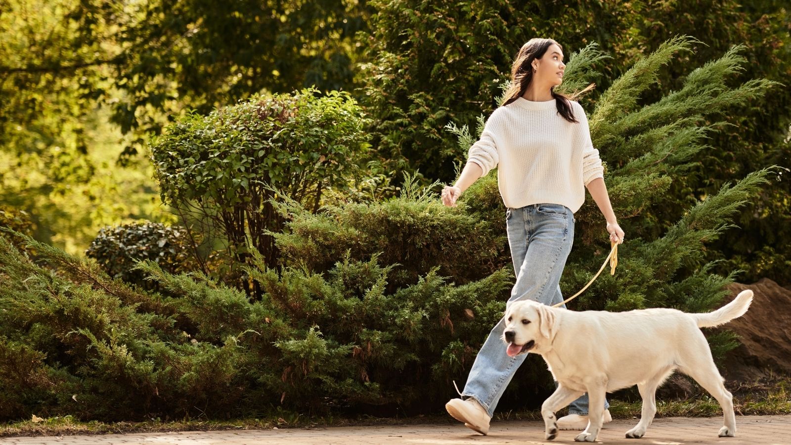 woman looking behind her while walking her dog