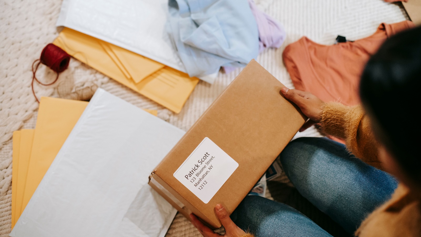 person shipping out a brown box of clothes