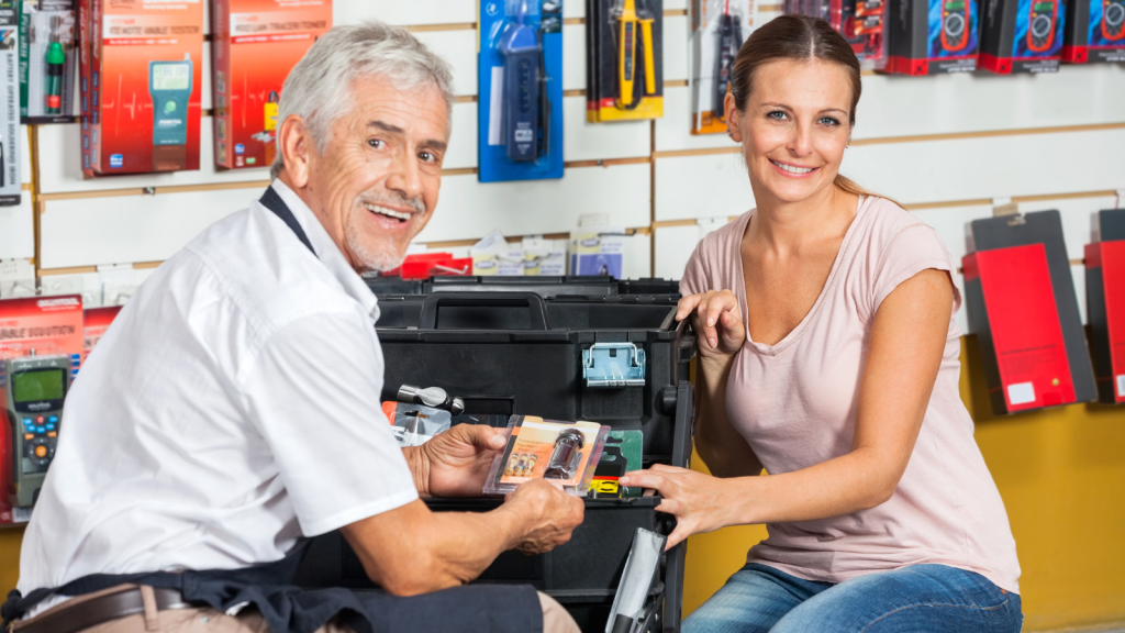 One Worker Couldn’t Believe Customers Kept Requesting Help With Products Located Within Five Feet, Even While Those Items Were Being Put On Display employee helping customer in hardware store