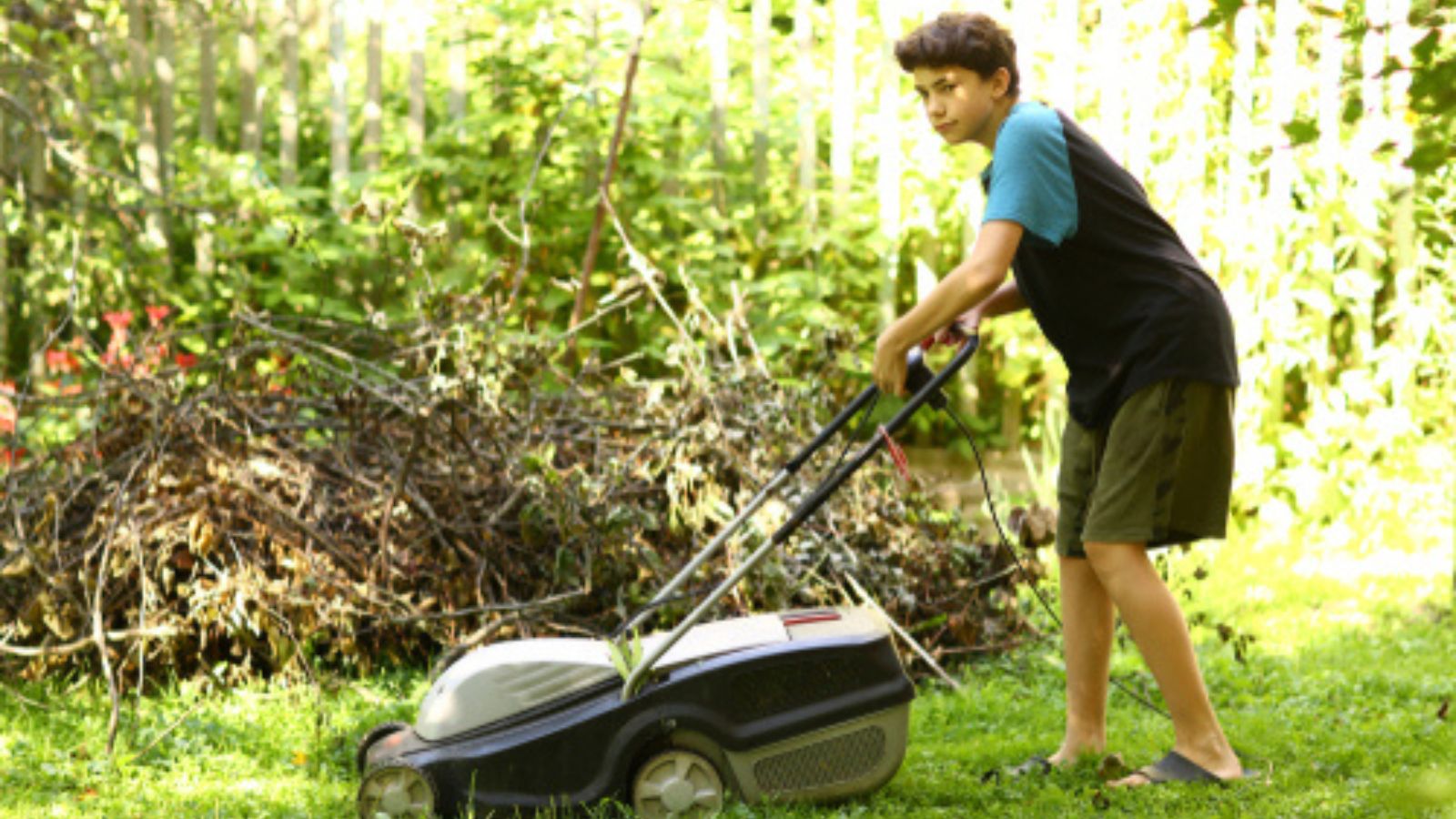 Kid mowing the lawn