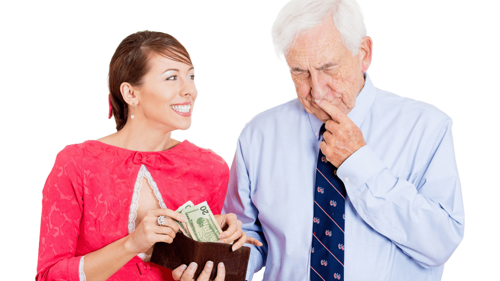 young woman talking to old dad about money